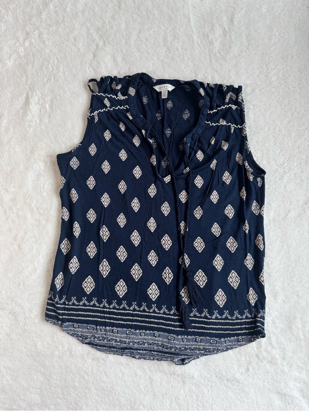 Lucky Brand Navy White Geometric Diamond Print Ruffle Sleeve Tank Blouse S/P